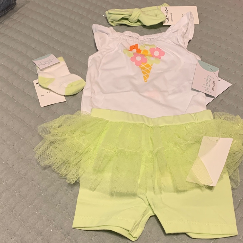 Nordstrom White & Lime Green Tutu Romper Ice Cream Floral Graphic NEW Size 6 Mo